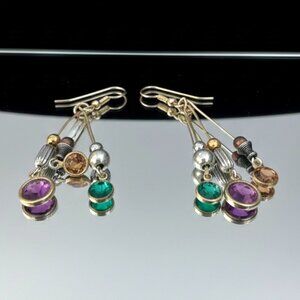 VINTAGE Gold-Tone Triple Strand Multicolor Crystal Earrings & Mixed Metal Beads